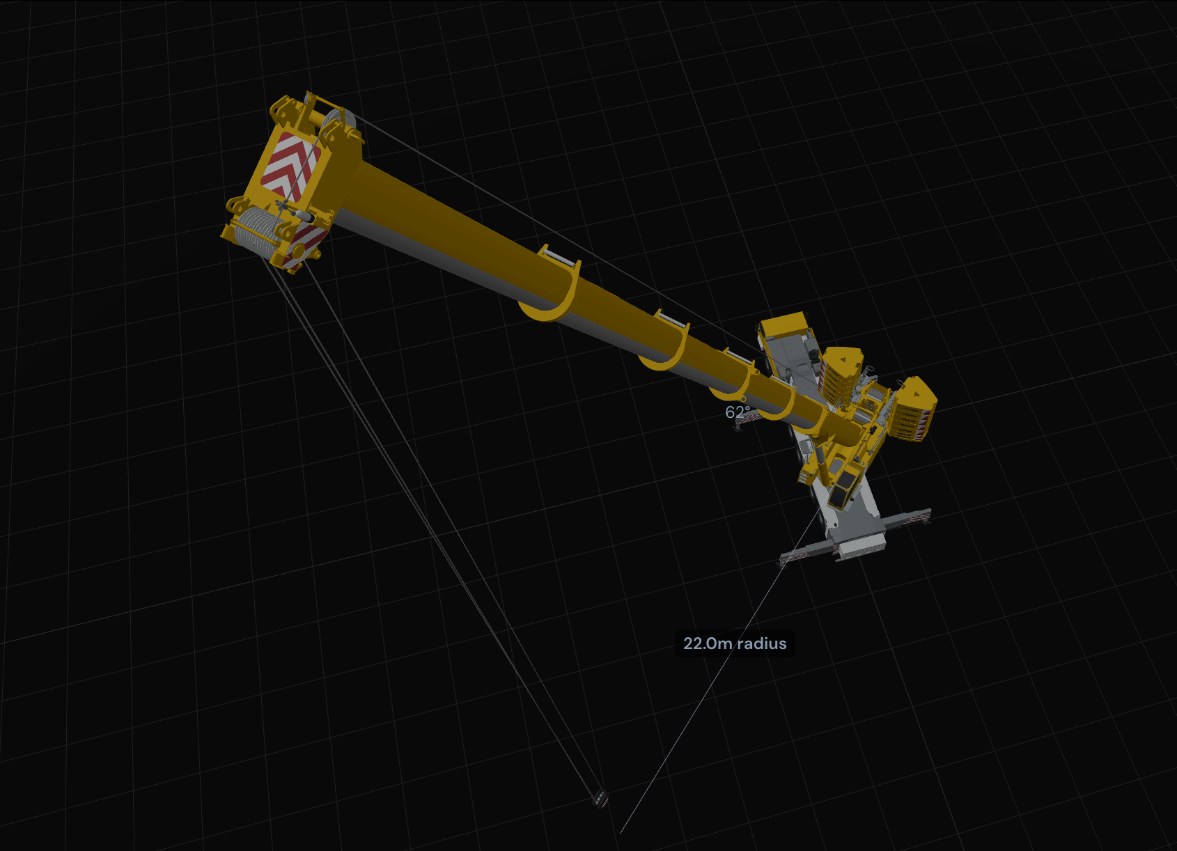 VisualQuip crane planner screenshot showing a yellow mobile crane boom, hook line, boom angle and radius labels in a dark 3D grid workspace